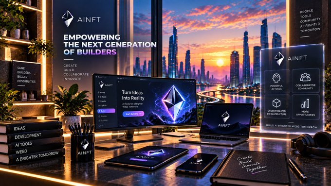 A promotional display for AINFT, showing a desk setup with devices featuring text like 'EMPOWERING THE NEXT GENERATION OF BUILDERS', 'Turn Ideas Into Reality', and 'AINFT' against a city skyline backdrop.