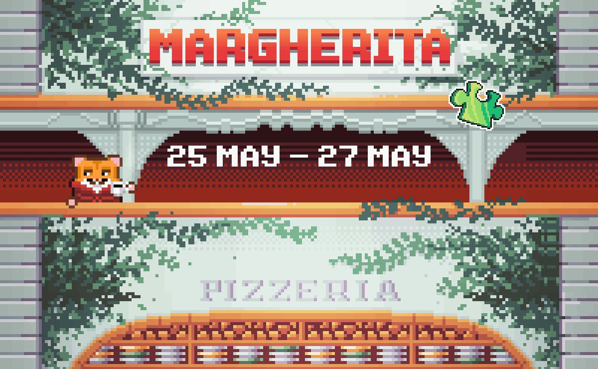 This image depicts a poster advertising "Maggherita Pizza" with details about when it will be held. The poster features a cartoon fox, which is part of the pizza menu, surrounded by lush greenery. The text on the poster states that the event is scheduled for May 27th and can be accessed at 25 RLT exchange or 12 RLT exchange. It also mentions a bonus offer for gathering enough miners to go to "Unreal" for 100,000 Gh/s, followed by a 30% off promotion on pizza deposits. The central focus of this advertisement is the cartoon fox, which indicates that it's part of the pizza menu and invites viewers to experience a slice at the event.