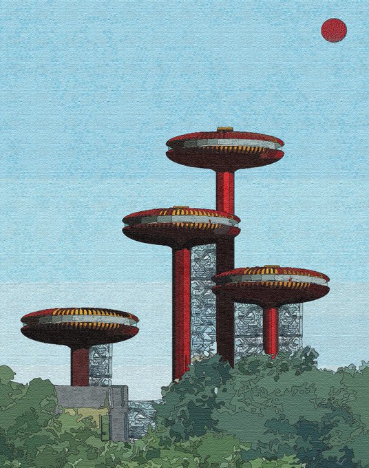 An illustration of four tall, futuristic red tower structures with wide circular tops rising above green trees, with a red sun in a light blue sky.