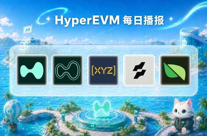 A 'HyperEVM 每日播报' (HyperEVM Daily Broadcast) graphic featuring colorful project logos against a tropical ocean island background with a white cat mascot.