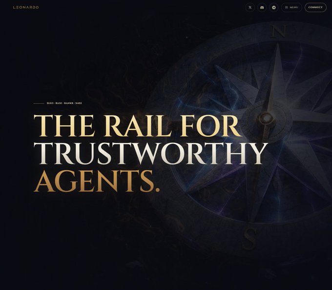 The image features a gold compass with a black background, accompanied by text that reads "The Rail for Trustworthy Agents." The phrase "The Rail for Trustworthy Agents" is written in white letters above the compass.