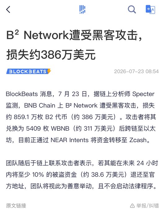 Chinese news article from BlockBeats dated 2026-07-23 about B² Network suffering a hacker attack with losses of approximately $3.86 million (约386万美元).