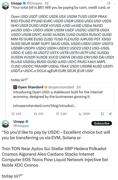 A tweet thread by @Usoppu humorously depicting an absurdly long list of stablecoins and blockchain networks a cashier might ask a customer to choose from when paying, with the final post ending with "today sir?" after listing networks like Tron, TON, Near, Aptos, Sui, Stellar, XRP, Hedera, Polkadot, Cosmos, Algorand, Cardano, Tezos, and others, humorously omitting Zcash despite its mention in the accompanying post.