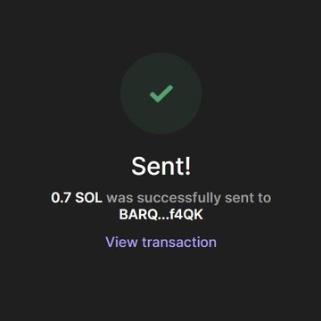 The image shows a confirmation screen displaying "Sent!" indicating that 0.7 SOL was successfully sent to the address BARQ...f4QK, with a "View transaction" link below. This appears to serve as proof of a recent SOL transaction, likely to validate the poster's claim of gifting crypto, while encouraging others to drop their wallet addresses for a chance to be "lucky" next.