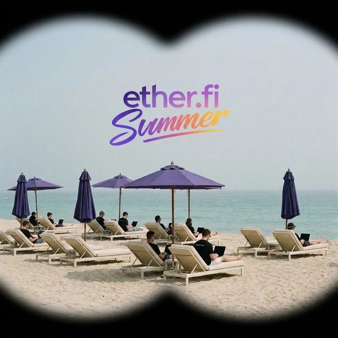 A beach scene viewed through binoculars shows people lounging on chairs under purple umbrellas working on laptops, with "ether.fi Summer" displayed in gradient text at the top, promoting an upcoming webinar featuring Mike Silagadze, KoppKnows, and Joe Chalom.