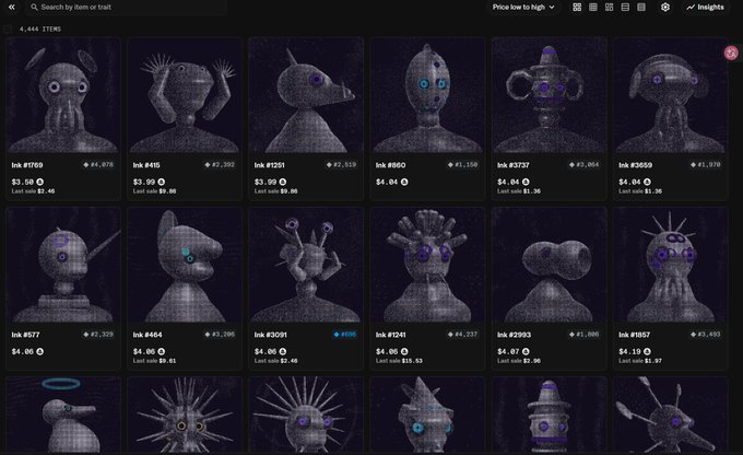 A grid display of NFT listings from the "ink" collection on what appears to be a marketplace like Tensor, showing 18 unique creature artworks with various traits. The listings show prices ranging from approximately $3.29 to $7,519, with most bids and last sale prices visible, illustrating the experimental and artistic nature of the collection as referenced in the post.