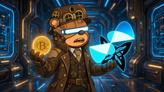 Digital illustration of a steampunk-style anthropomorphic mouse character wearing a top hat and glowing blue visor, holding a Bitcoin coin in one hand and a blue Aperture Science logo in the other, set against a futuristic corridor background.