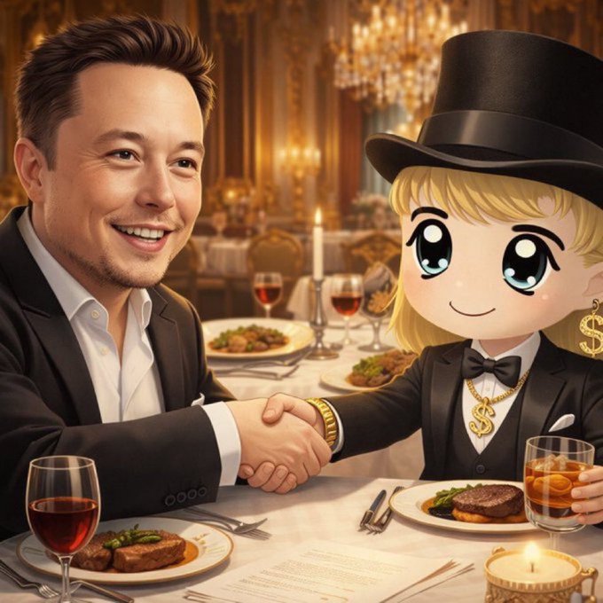 A man shakes hands with a cartoonish chibi figure wearing a top hat and dollar sign jewelry at an opulent candlelit dinner, symbolizing a wealthy "giveaway" or blessing promise. The chibi's extravagant gold "$$" accessories and the luxurious setting visually reinforce the post's claim of generously distributing crypto via Solana addresses.