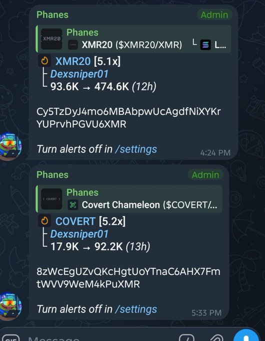 Two Telegram alerts from the Phanes bot showing token movements: XMR20 going from 93.6K to 474.6K by user Dexsniper01, and COVERT going from 17.9K to 92.2K by the same user, with timestamps.