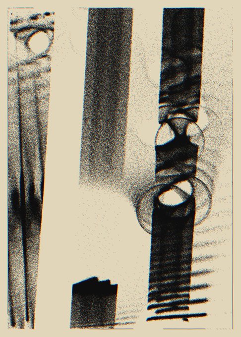 A grainy, abstract black and white illustration with a vintage, photocopy-like aesthetic, featuring geometric vertical shapes, distorted circular forms, and a textured background. The post's mention of @objktlabs suggests this is a promotional piece for a digital art release or drop on the Objkt NFT marketplace.