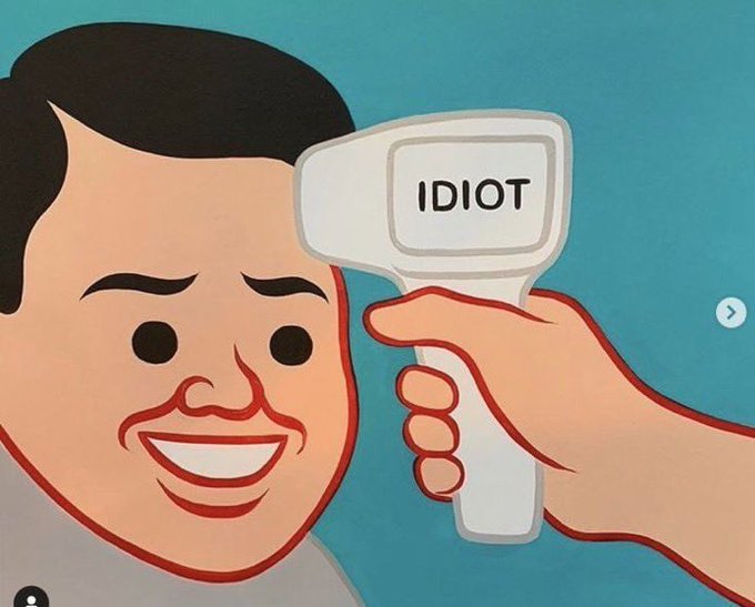 A cartoon-style illustration of a smiling man with a mustache having a thermometer labeled 'IDIOT' pointed at his head by a hand.