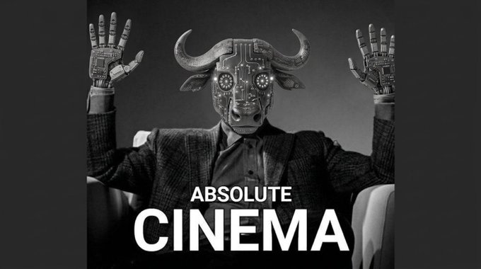A black-and-white image shows a person in a suit wearing a mechanical bull mask with robotic hands raised, overlaid with the text "ABSOLUTE CINEMA." The post uses this cinematic, dramatic imagery to emphasize how Jito's JTX Trade on Solana is delivering a long-overdue, high-quality trading experience that breaks from the poor industry standards users have come to accept.