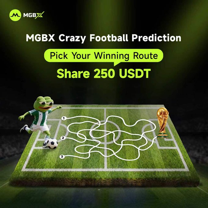 The image features a soccer field with a maze-like pattern, where a frog character is trying to find its way through the maze. The text above the maze reads "MGBX Crazy Football Prediction Pick Your Winning Route Share 250 USDT". This suggests that there might be a connection between the maze and a cryptocurrency or blockchain project called MGBX.