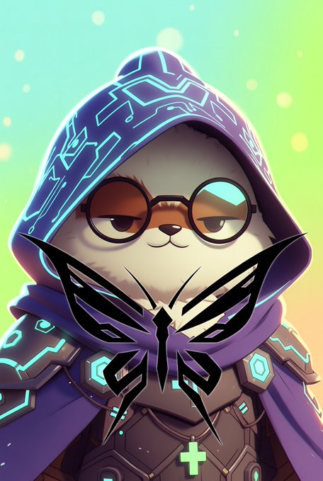 A digital illustration of a fluffy cat character wearing round sunglasses and a purple hooded cloak with glowing cyan accents and a stylized butterfly emblem.
