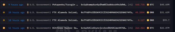 A cryptocurrency tracking interface displays recent large government wallet movements for entities labeled 'U.S. Government: Potapenko/Turogin', 'FTX Alameda Seized', and 'Bitfinex Hacker Seized' for BTC, BNB, and ONB tokens.