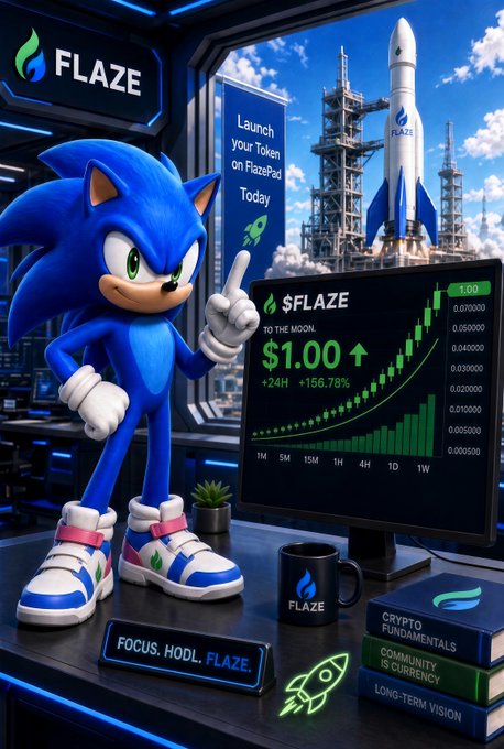 A Sonic the Hedgehog character stands in front of a monitor showing '$FLAZE' crypto at $1.00 with +156.78% gains, alongside a 'Launch your Token on FlazePad Today' banner and 'CRYPTO FUNDAMENTALS' books.