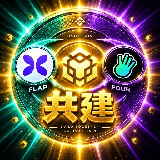 A colorful promotional graphic for FLAP and FOUR tokens on BNB Chain with the text "共建 BUILD TOGETHER ON BNB CHAIN."