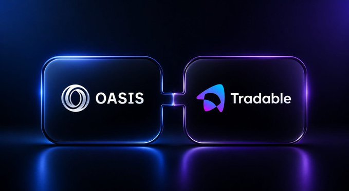 A dark promotional graphic featuring two connected neon-lit boxes displaying the 'OASIS' logo on the left and the 'Tradable' logo on the right.