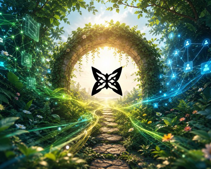 An overgrown stone archway frames a sunlit path, with glowing green and blue network nodes and icons representing data and community. A stylized butterfly logo is centrally placed, symbolizing transformation and growth, aligning with the post's theme of seamless network evolution.