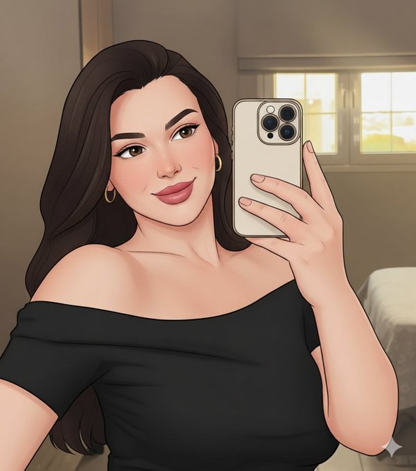 A stylized digital illustration depicts a woman with long dark hair, gold hoop earrings, and a black off-shoulder top taking a selfie with a smartphone in a room with a window in the background.