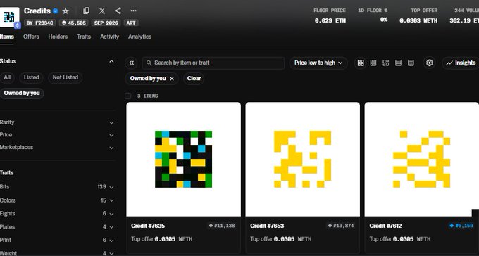 An OpenSea item listing page for the 'Credits' NFT collection (by f2334c) displays three pixelated artworks with trait counts and top offers of 0.0305 METH.