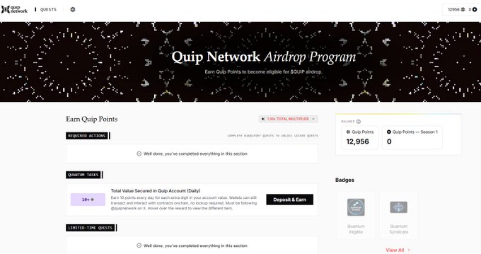 Screenshot of a webpage titled 'Quip Network Airdrop Program' showing 12,956 Quip Points, 'Quantum Pilgrim' and 'Quantum Emissario' badges, and tasks to earn points.