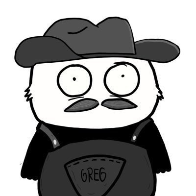 The image features a cartoon character wearing a hat and overalls with the name Greg written across his chest. The character appears to be a man or a boy, possibly dressed as a farmer. The character's face has a big, wide-eyed expression that adds humor to the scene. The post is titled "Giveaway 10x GTD Gregpanda" and includes a link for more information about the drawing.