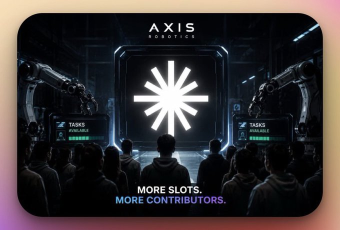 A futuristic promotional graphic for 'AXIS ROBOTICS' showing a crowd of people facing a large glowing starburst symbol on a screen, flanked by robotic arms, with the text 'MORE SLOTS. MORE CONTRIBUTORS.'