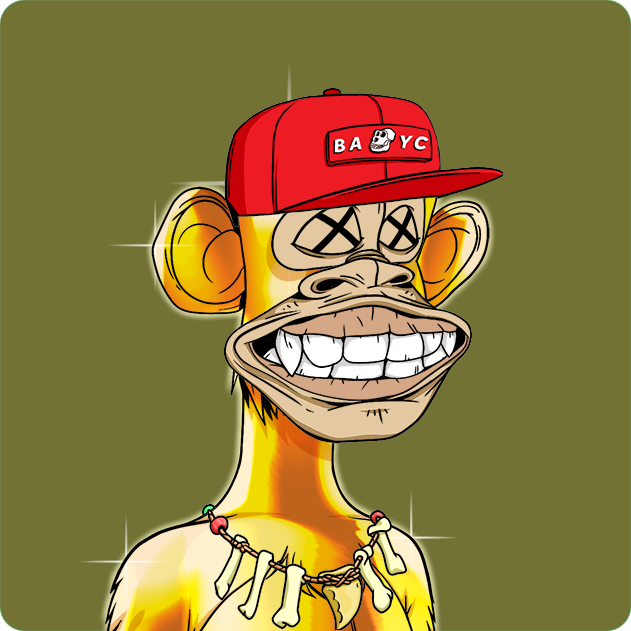 An illustration of a Bored Ape-style character with X's for eyes, a wide grin, a bone necklace, and a red 'BAYC' cap against an olive green background.
