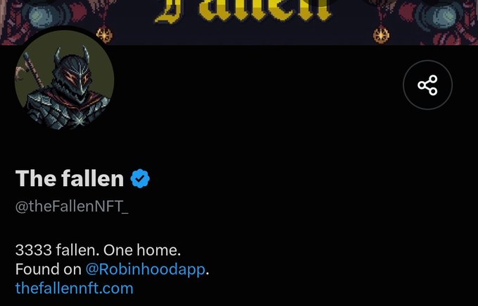 The image shows the Twitter/X profile of "The fallen" (@theFallenNFT_), a verified NFT project featuring 3,333 dark gothic pixel art characters, with their website thefallennft.com and a link to @Robinhoodapp.