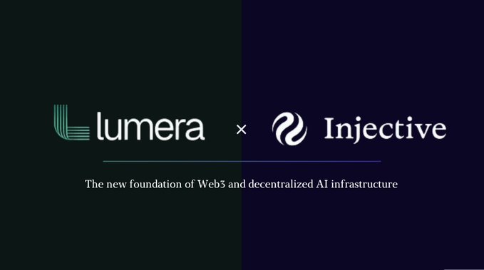 The image features two logos side by side with the text "In case you missed it, @lumera has been integrated with @injective" written below them. The first logo is a black and white design of a lightbulb against a dark background, while the second logo is a blue and green color scheme featuring a lightbulb in the center. Both logos are related to the idea that Lumera and Injective can be used for decentralization or distributed storage purposes beyond simple file storage.
