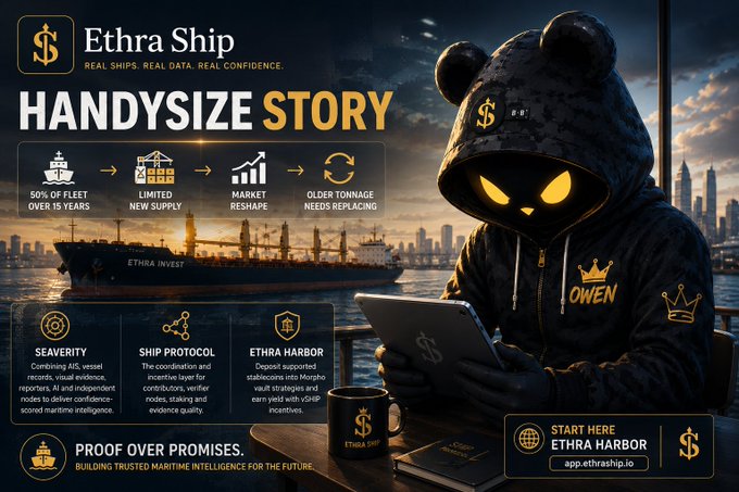 Promotional graphic for 'Ethra Ship' featuring a hooded mascot character with glowing yellow eyes working on a tablet, advertising 'HANDYSIZE STORY' with maritime statistics like '50% OF FLEET OVER 15 YEARS' and 'OLDER TONNAGE NEEDS REPLACING', and a call to action 'START HERE ETHRA HARBOR'.
