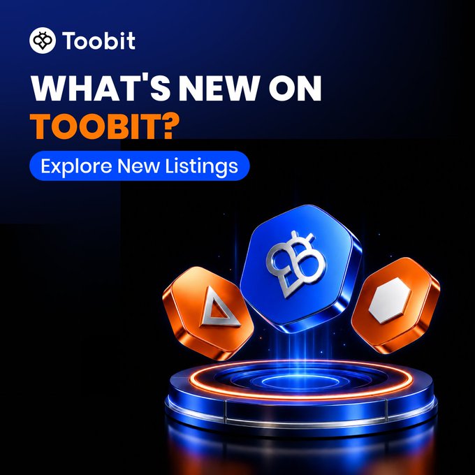 A promotional banner for "Toobit" cryptocurrency exchange asking "WHAT'S NEW ON TOOBIT?" with an "Explore New Listings" button and 3D-rendered cryptocurrency coins on a glowing platform.