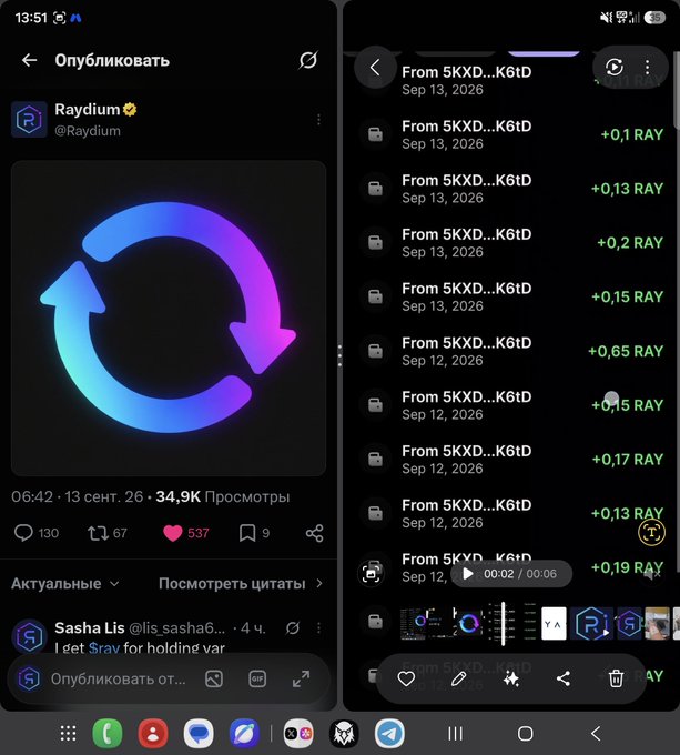 A screenshot from a mobile device showing a post by Raydium (@Raydium) featuring a circular blue and purple gradient logo, alongside a transaction history showing multiple incoming RAY token transfers.