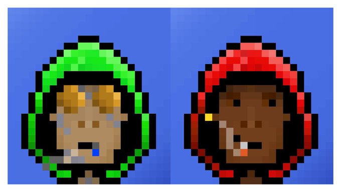 A pixel art image showing two characters with helmets, one green and one red, against a blue background.