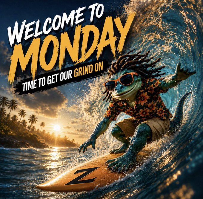A motivational graphic featuring an anthropomorphic lizard-like creature wearing sunglasses and a floral Hawaiian shirt surfing a wave at sunset, with bold text reading 'WELCOME TO MONDAY' and 'TIME TO GET OUR GRIND ON'.