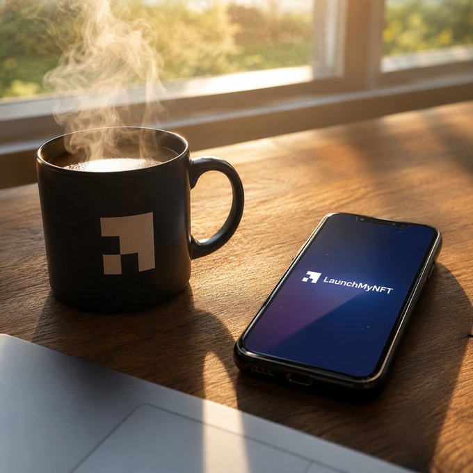 A black mug with a logo sits next to a smartphone displaying the 'LaunchMyNFT' logo on a wooden surface by a window.