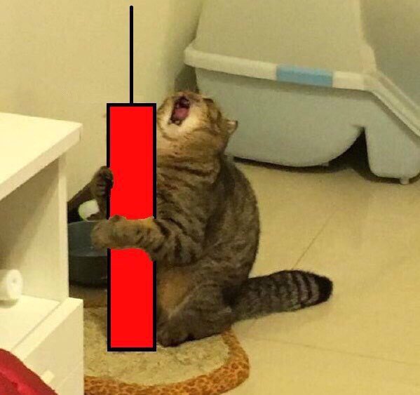 A tabby cat sitting upright with mouth open, gripping a red candle stick with a thin wick on top, edited as if it's a champagne glass.