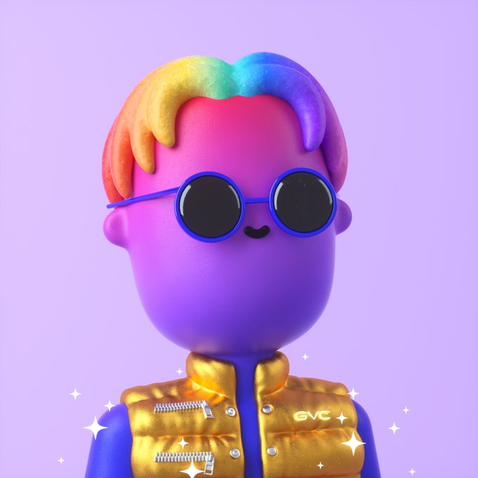 A 3D-rendered purple character with rainbow hair and round sunglasses wearing a gold puffer vest with 'GVC' text.