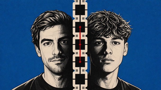An illustration showing two men's faces separated by a vertical film strip with a red line, on a blue background.