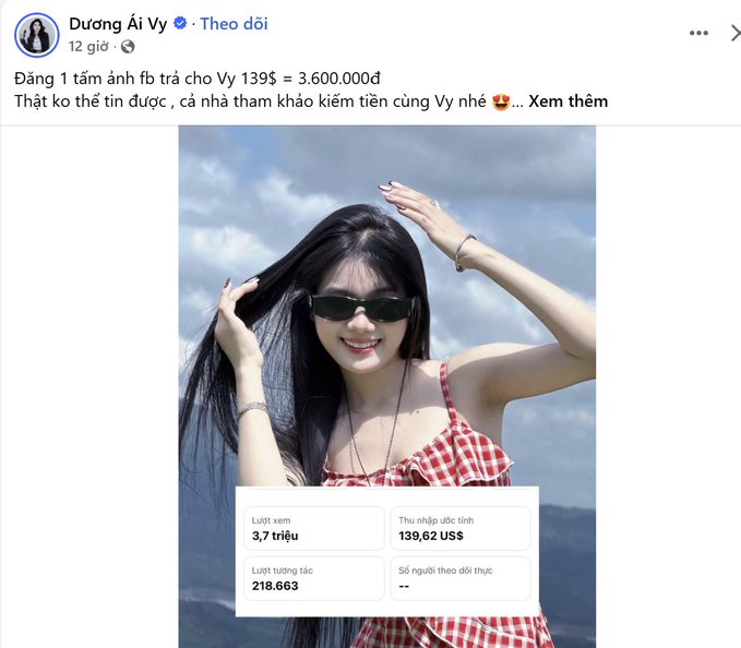 A Facebook post by Dương Ái Vy shows her wearing sunglasses and a red checkered dress, with text in Vietnamese discussing earning 3,600,000 VND and displaying stats like 3.7 million views and 218,663 interactions.