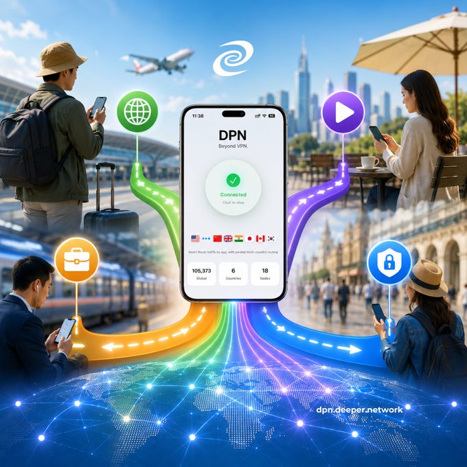 A promotional graphic for DPN Beyond VPN showing a smartphone with a 'Connected' status, surrounded by travelers using phones in various global locations, highlighting features like global access, countries served, and nodes.