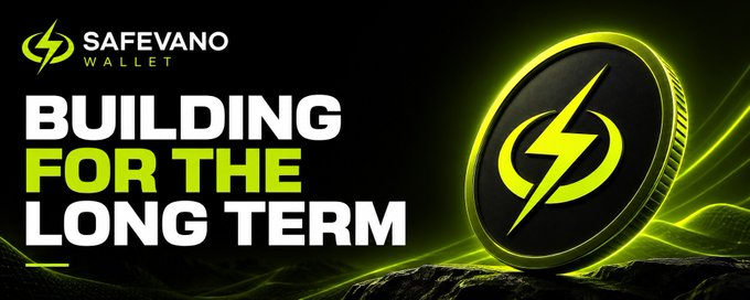 The image is a promotional banner for "Safevano Wallet" featuring a green and black color scheme with a stylized lightning bolt coin logo on the right and the bold tagline "BUILDING FOR THE LONG TERM" on the left. The visual reinforces the accompanying message about Safevano Wallet's long-term commitment as the first non-custodial crypto wallet on Robinhood Chain, with the lightning bolt symbol suggesting speed and innovation in their AI-powered features.