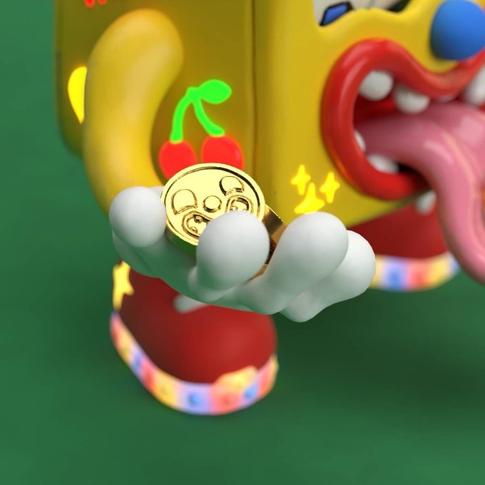 A colorful cartoon character with white-gloved hands holds out a gold Bitcoin token against a green background.
