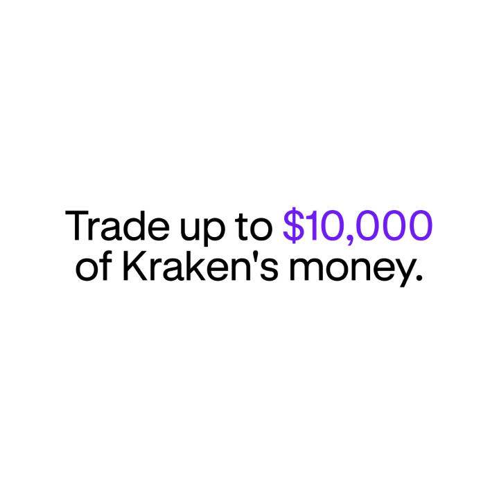 The image displays promotional text reading "Trade up to $10,000 of Kraken's money" with the dollar amount highlighted in purple. It aligns with the post's message about Kraken's funded trading challenge, emphasizing the opportunity to trade using the platform's capital rather than personal funds.