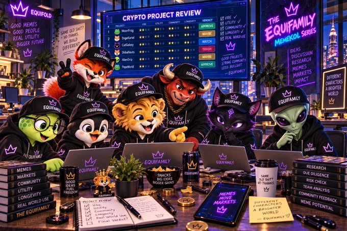 The image shows a vibrant, stylized crypto project review scene for "The Equifamily," featuring a diverse cast of anthropomorphic characters—including a fox, bull, lion, alien, and turtle—all wearing matching black "EQUIFAMILY" hoodies and caps, gathered around laptops analyzing charts and metrics in a neon-lit cityscape office. Visible text includes "CRYPTO PROJECT REVIEW," "MEMEOLOGY SERIES," "IDEAS, DISCUSSION, RESEARCH, MEMES, MARKETS, IMPACT," "GOOD MEMES, GOOD PEOPLE, REAL UTILITY, BIGGER FUTURE," "SAME OLD SHIT? NEW FUNDS, WE BUILD DIFFERENT," "EQUIFAMILY," "APPROVE," "WATCH," "MATCH," "SNACKS, BIG GOALS, BIGGER GAINS," and book spines labeled "MEMES, MARKETS, COMMUNITY, UTILITY, LONGEVITY, REAL WORLD USE," directly reinforcing the poster's message of holding a