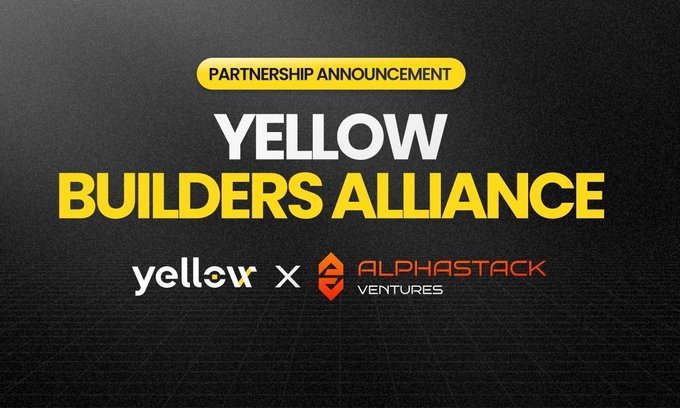 The image features an advertisement for a partnership between two companies - Yellow Builders Alliance and Alpha StackVC. The text "Yellow Builders Alliance" is displayed at the top of the image, while "Yellow" and "Builders" are written below. Below that, there's a list of the companies involved in this collaboration: "Yellow", "X", "S", "Venture Capital". The background of the image is black with white text, which reads "Welcome @AlphaStackVC to the Yellow Builders Alliance! A full-stack Web3 agency operating at the intersection of strategy, growth, and capital - covering marketing, business development, fundraising, and venture architecture."