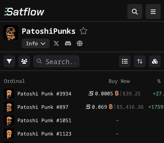 A screenshot of the Satflow marketplace showing 'PatoshiPunks' with listings like 'Patoshi Punk #3934' for '0.0005 ₿ ($39.25)' and 'Patoshi Punk #897' for '0.069 ₿ ($5,416.36)'.