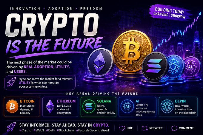 A vibrant 'CRYPTO IS THE FUTURE' infographic highlighting Bitcoin, Ethereum, Solana, AI, and DePIN as key areas driving future market adoption and utility.
