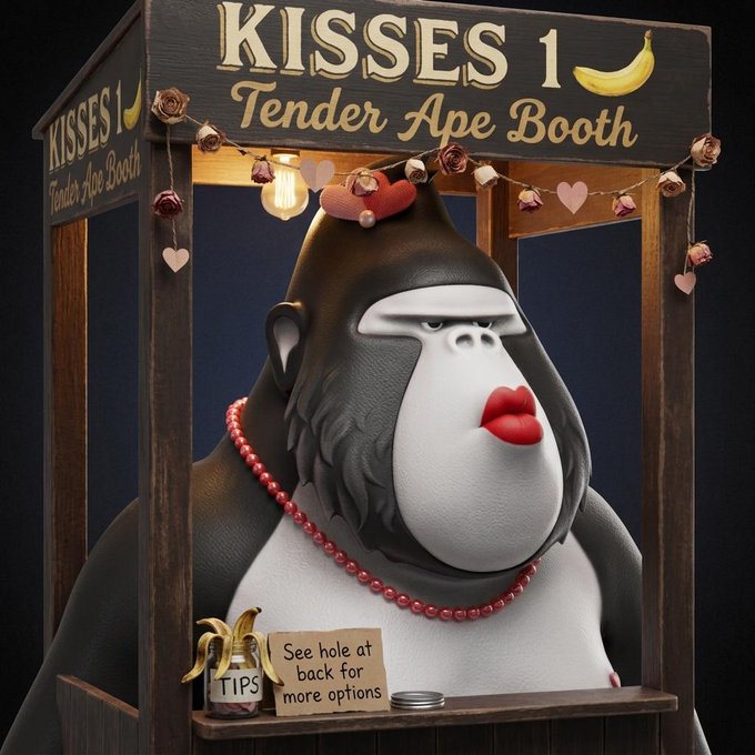 A 3D rendered image of a 'KISSES 1 Tender Ape Booth' featuring a gorilla wearing red lipstick and pearls with a tip jar labeled 'See hole at back for more options'.